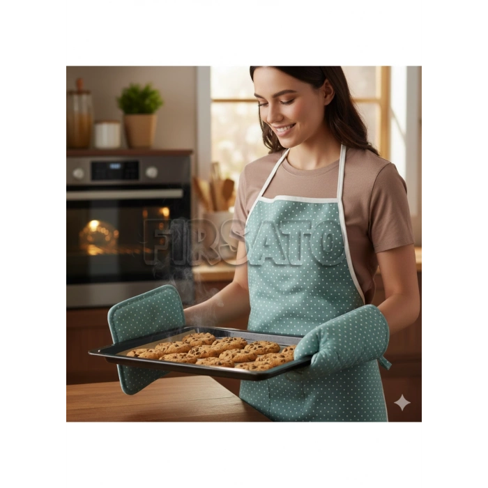 3lü Beyaz Puantiyeli Mutfak Seti, Mutfak Önlüğü, Isıya dayanıklı Fırın eldiveni, Turacak takımı