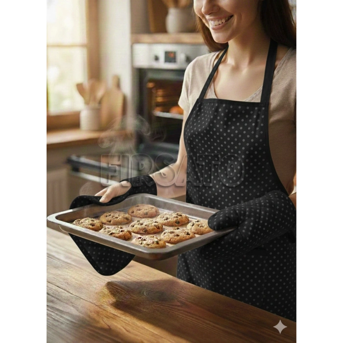 3lü Beyaz Puantiyeli Mutfak Seti, Mutfak Önlüğü, Isıya dayanıklı Fırın eldiveni, Turacak takımı