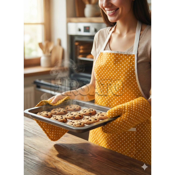 3lü Beyaz Puantiyeli Mutfak Seti, Mutfak Önlüğü, Isıya dayanıklı Fırın eldiveni, Turacak takımı