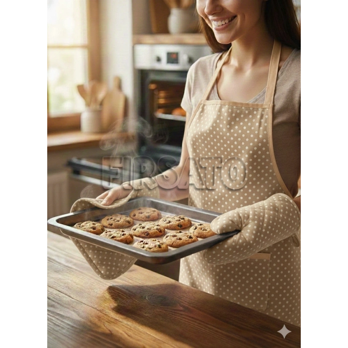 3lü Beyaz Puantiyeli Mutfak Seti, Mutfak Önlüğü, Isıya dayanıklı Fırın eldiveni, Turacak takımı