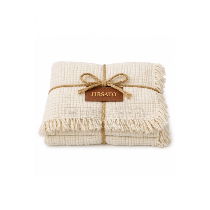 4 Katlı Müslin Bebek Örtüsü – 100x120 cm, Saçaklı, Yumuşak Dokulu, %100 Pamuk