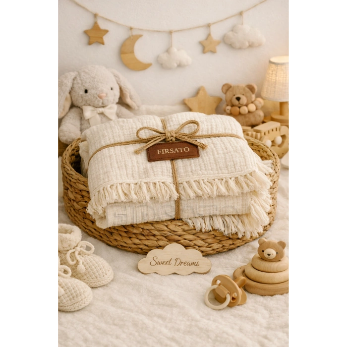 4 Katlı Müslin Bebek Örtüsü – 100x120 cm, Saçaklı, Yumuşak Dokulu, %100 Pamuk