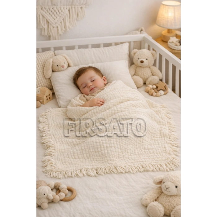4 Katlı Müslin Bebek Örtüsü – 100x120 cm, Saçaklı, Yumuşak Dokulu, %100 Pamuk