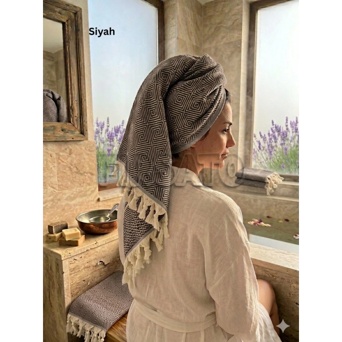 Kristal Desenli %100 Pamuklu Saç Kurulama Havlusu | Baş Havlusu | Peşkir – 45x90 cm (1adet)