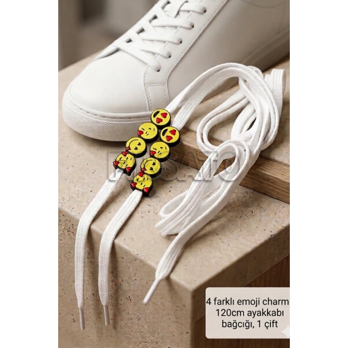 Aşk Emojili Ayakkabı Bağcığı Charmları (1 Çift) - Beyaz Bağcıklı ve 4 Farklı Emoji Modeli (SetA)