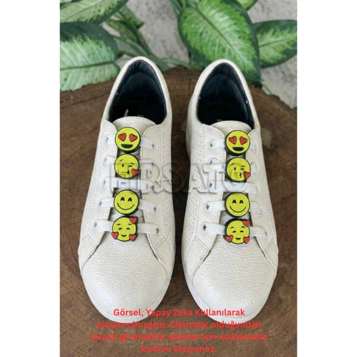 Aşk Emojili Ayakkabı Bağcığı Charmları (1 Çift) - Beyaz Bağcıklı ve 4 Farklı Emoji Modeli (SetA)