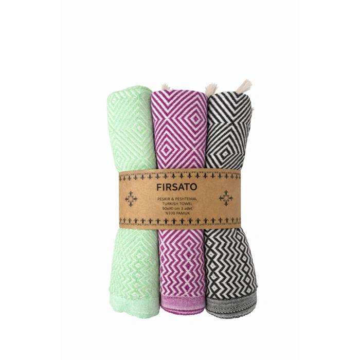 %100 Pamuklu 3`lü set Kristal Desenli Peşkir & Hızlı Kuruyan El-Baş Havlusu (45x90 cm) Asorti Renkli