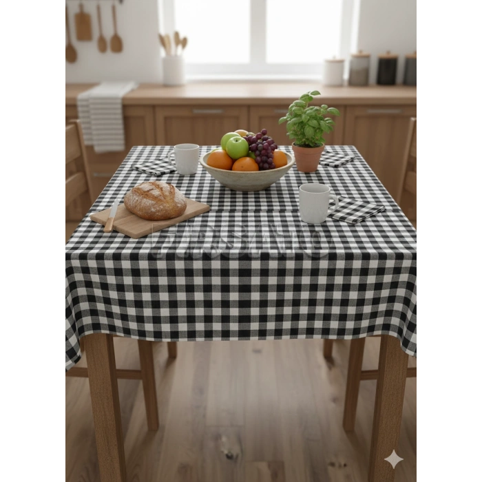 KareVibe Masa Örtüsü ve Peçete Seti – Kare Desen, 5 Parça