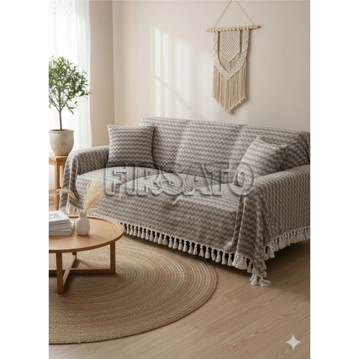 Zigzag Desenli Koltuk Örtüsü 200x230cm Pamuklu | Yatak Örtüsü | Saçaklı |