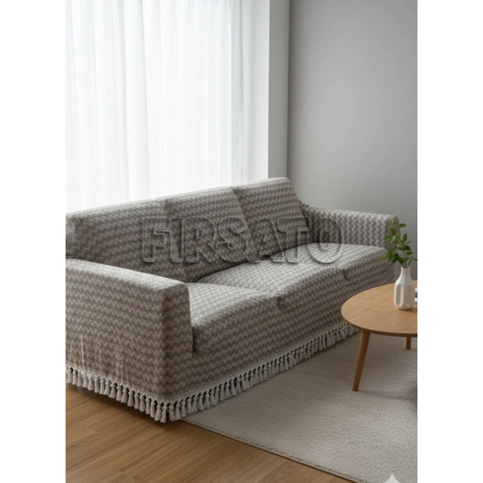 Zigzag Desenli Koltuk Örtüsü 200x230cm Pamuklu | Yatak Örtüsü | Saçaklı |