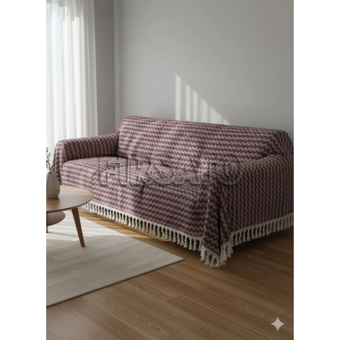 Zigzag Desenli Koltuk Örtüsü 200x230cm Pamuklu | Yatak Örtüsü | Saçaklı |