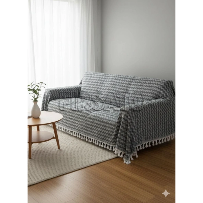 Zigzag Desenli Koltuk Örtüsü 200x230cm Pamuklu | Yatak Örtüsü | Saçaklı |