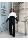 Siyah Beyaz Şeritli Kapüşonlu Triko Takım