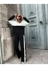 Siyah Beyaz Şeritli Kapüşonlu Triko Takım