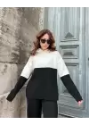 Siyah Beyaz Şeritli Kapüşonlu Triko Takım