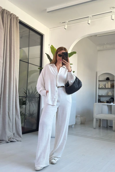 Beyaz Boncuk Kemer Keten Takım