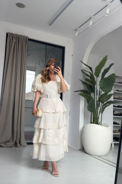 BEJ BALON KOL KAT KAT ELBİSE