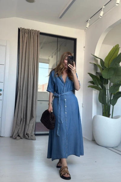 MAVİ DENİM KISA KOL UZUN ELBİSE