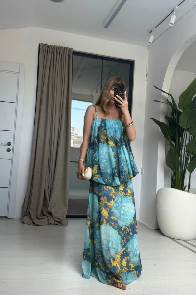 MAVİ ASKILI ŞİFON ELBİSE