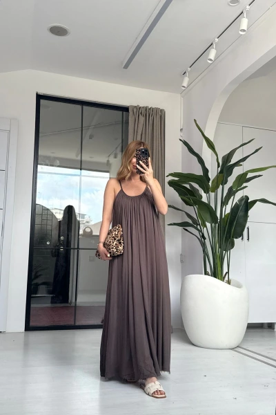 KAHVE İP ASKI ORGANİK ELBİSE