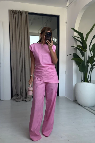 PEMBE KETEN ASİMETRİK BLUZ TAKIM