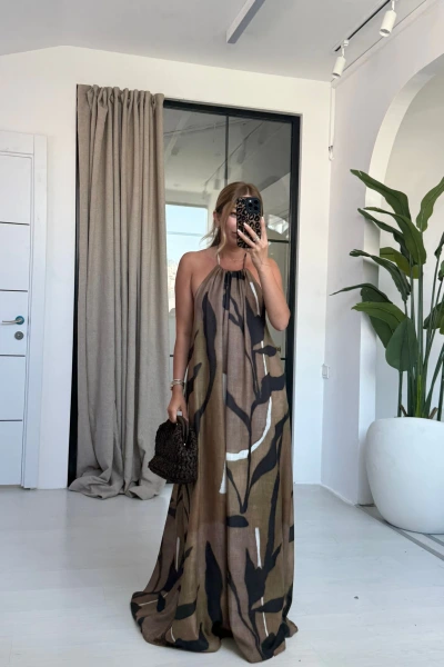 HAKİ BOYUNDAN BAĞLAMALI SIRT DETAY ELBİSE