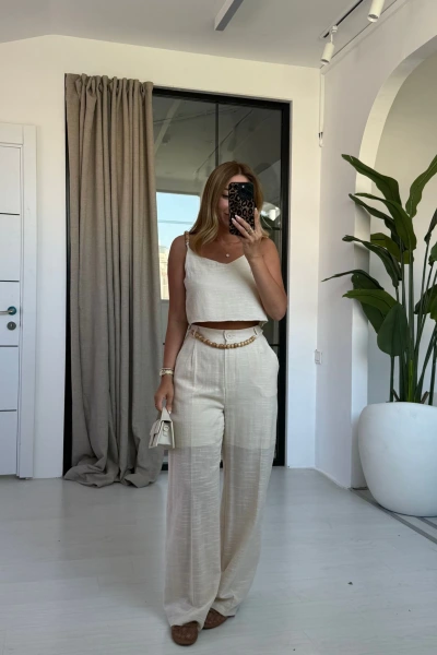 BEJ BONCUK İP ASKILI TAKIM