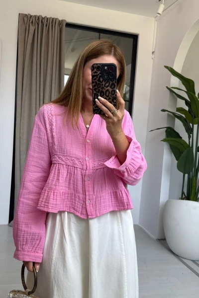 PEMBE DANTEL DETAY MÜSLİN BLUZ