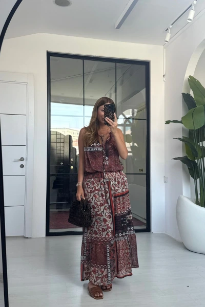 KAHVE ETNİK DESEN ELBİSE