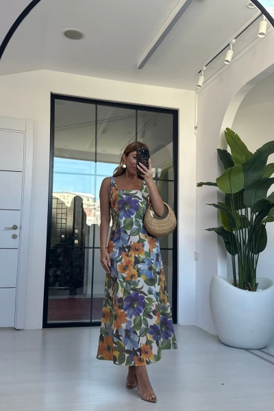 MOR-TURUNCU ÇİÇEKLİ ASKILI ELBİSE