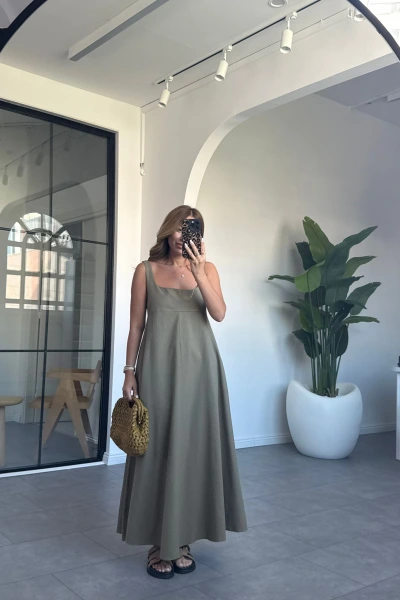 HAKİ KALIN ASKILI UZUN ELBİSE