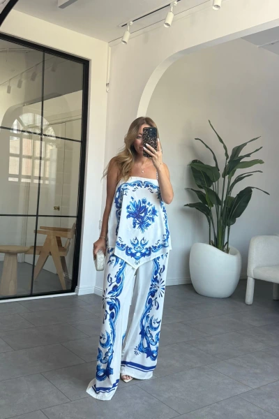 MAVİ DESENLİ İP ASKILI BEYAZ TAKIM