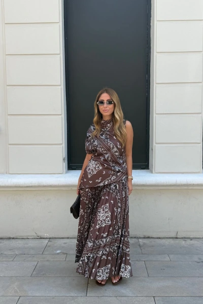 KAHVE EBRULİ DESEN SATEN ETEK TAKIM