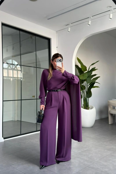 MOR ŞAL DETAYLI KEMERLİ GÖMLEK TAKIM