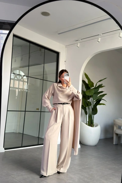 TAŞ ŞAL DETAYLI KEMERLİ GÖMLEK TAKIM