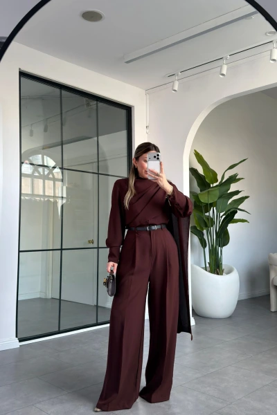 KAHVE ŞAL DETAYLI KEMERLİ GÖMLEK TAKIM