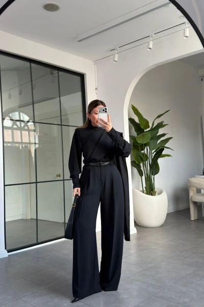 SİYAH ŞAL DETAYLI KEMERLİ GÖMLEK TAKIM