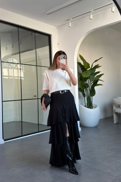 SİYAH ŞİFON KAT KAT KEMERLİ ETEK