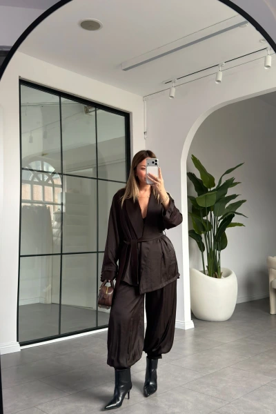 KAHVE KİMONO ŞALVARLI SATEN TAKIM