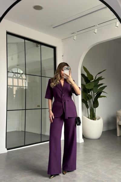 MOR KISA KOL CEKET KEMERLİ PANTOLON TAKIM