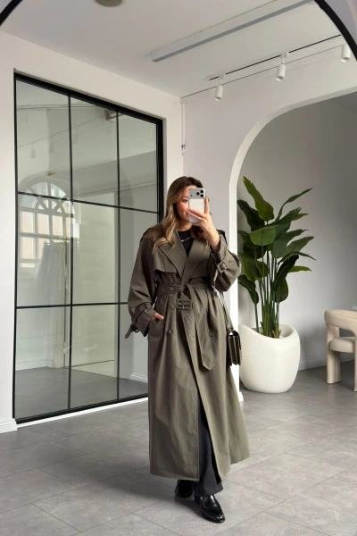 HAKİ OVERSİZE İÇ ASTARI ÇİZGİLİ TRENÇKOT