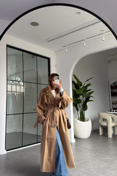 CAMEL OVERSİZE İÇ ASTARI ÇİZGİLİ TRENÇKOT