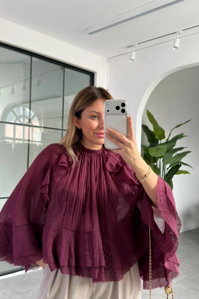 MÜRDÜM VOLANLI BOYUNDAN BAĞLAMALI BLUZ