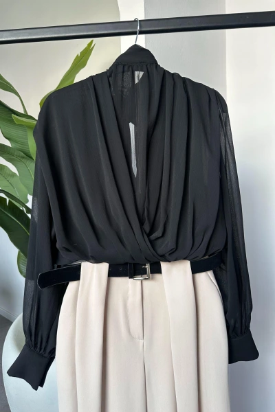 SİYAH ŞİFON BOYUNDAN BAĞLAMALI BELİ LASTİKLİ BLUZ