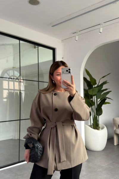 HAKİ ÜÇ DÜĞMELİ KUŞAKLI CEKET