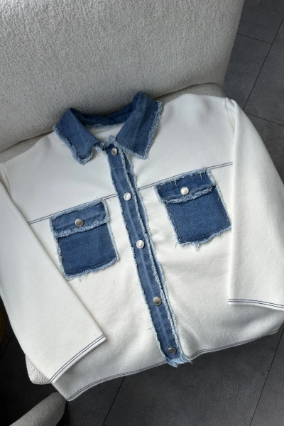 BEYAZ DENİM DETAYLI ÇELİK TRİKO HIRKA