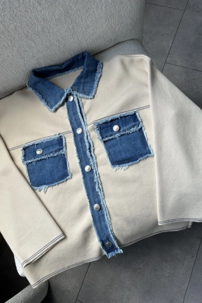 KREM DENİM DETAYLI ÇELİK TRİKO HIRKA