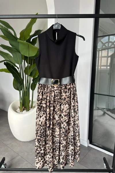 SİYAH KEMER DETAY LEOPAR DESEN ELBİSE