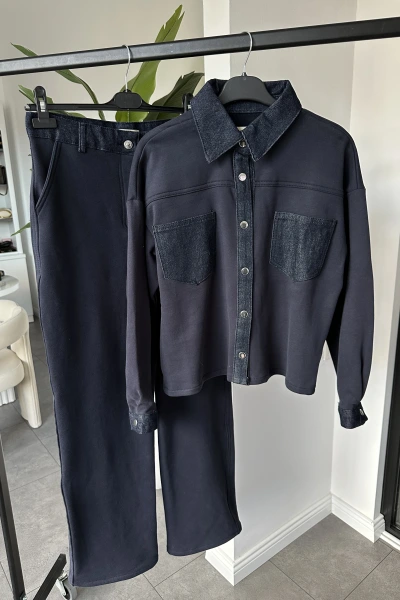 LACİVERT DENİM GARNİLİ GÖMLEK PANTOLON TAKIM