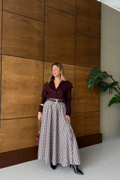 GRİ KEMERLİ EKOSE DESEN ETEK